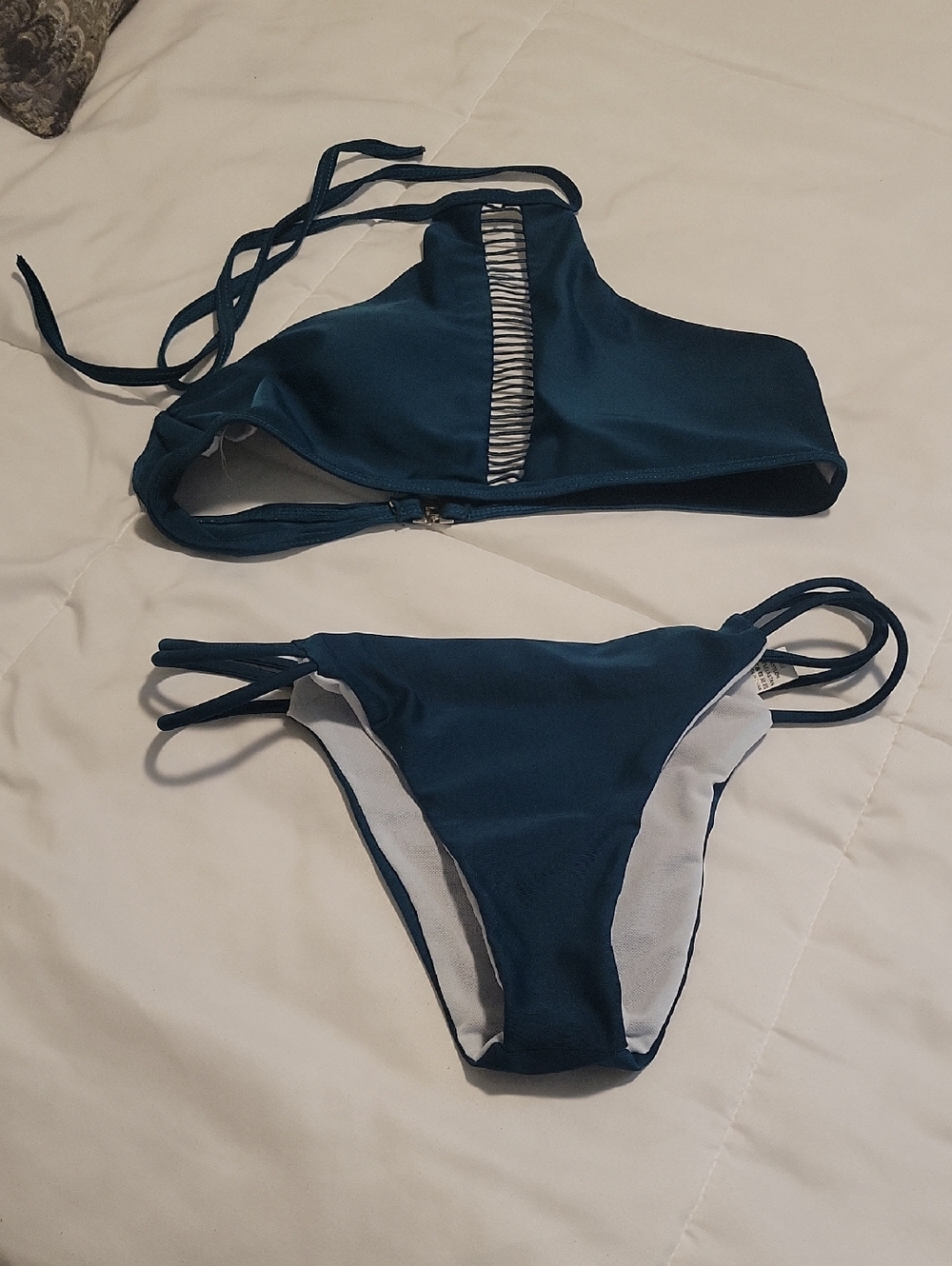 Teal High-Neck Strappy Bikini Set, Women Swim SZ MED - Picture 1 of 6